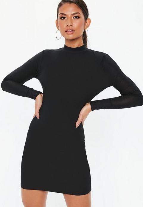 Black High Neck Body Mini Dress, Black