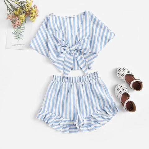 Conjunto Para Niñas De Top Con Lazo Delantero Y Shorts Bajo A Capas