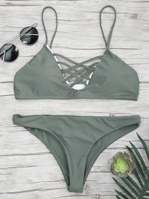 Lace Up Spaghetti Strap Bikini Set - Sage Green - Xl