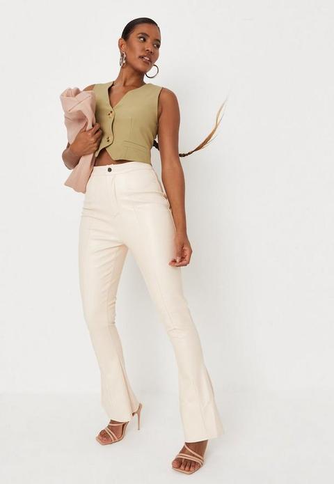 Cream Faux Leather Kick Flared Trousers, Cream