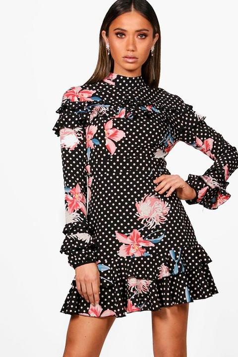 Boutique Polka Floral Ruffle High Neck Dress