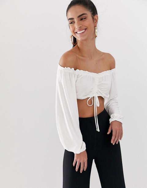 Flounce London Bardot Crop Top With Ruched Detail In White - White