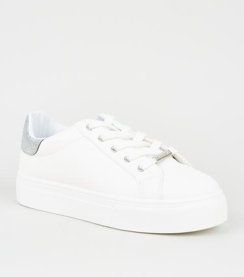 White Glitter Tab Lace Up Trainers New Look