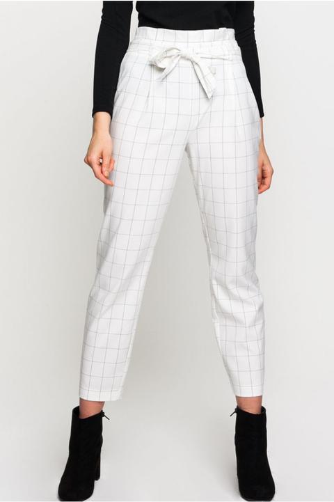 Pantaloni Bianchi Vita Alta A Quadri