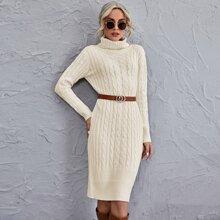 Vestido Jersey Tejido De Cable De Cuello Tortuga Sin Cinturón