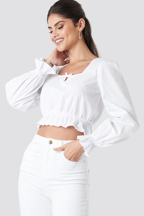 Na-kd Boho Cropped Frill Long Sleeve Top - White