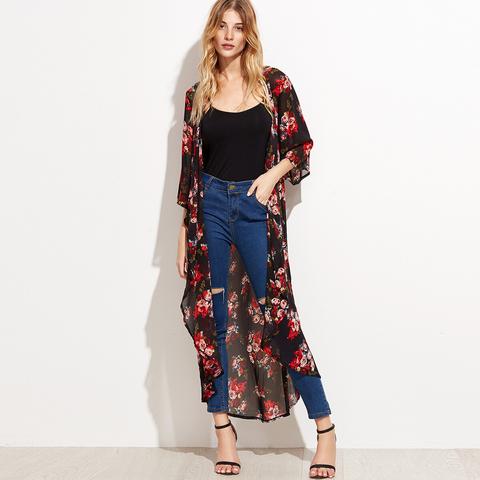 Kimono De Gasa Largo Con Estampado Floral - Negro