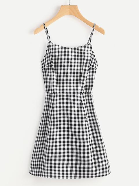 Lace Up Back Princess Seam Gingham Cami Dress