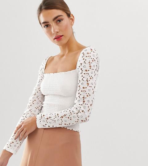 Stradivarius Shirred Square Neck Top With Lace Sleeves In White