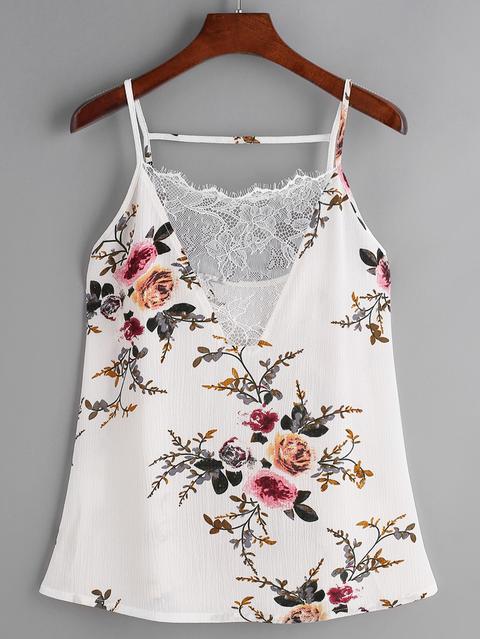 Top Con Estampado Floral Con Cuello En V Con Encaje - Blanco