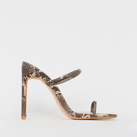 Cyan Beige Snake Print Toe Loop Slim Block Heels