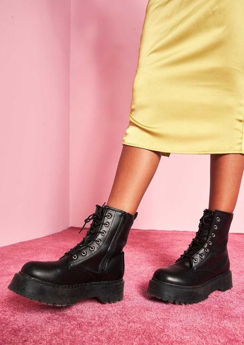 Sharri Black Faux Leather Lace Up Boots