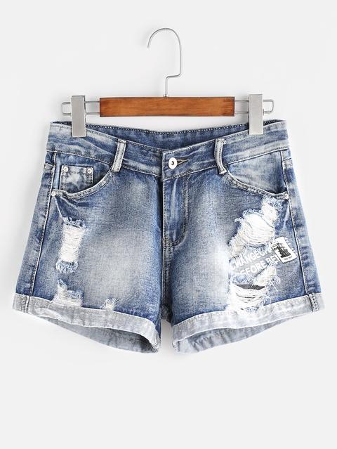 Graphic Print Rolled Cuffs Distressed Shorts