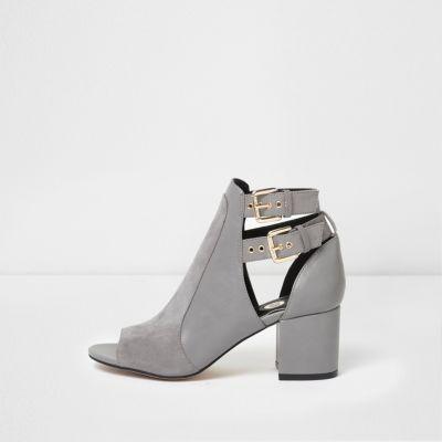 Grey Double Buckle Peep Toe Shoe Boots