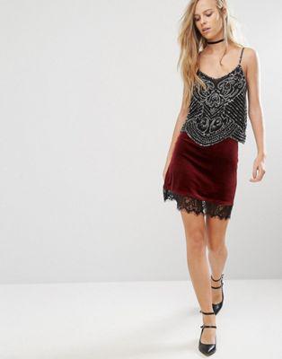 Miss Selfridge - Gonna In Velluto Con Bordo In Pizzo - Viola