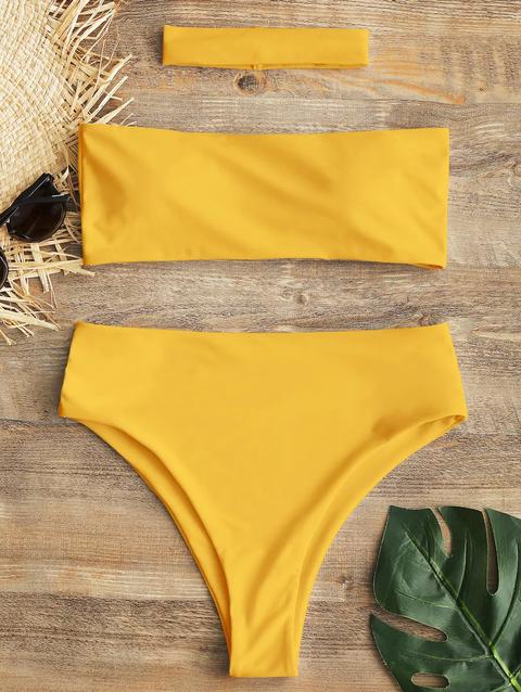 Bikini A Fascia A Taglio Alto Con Choker White Yellow Black