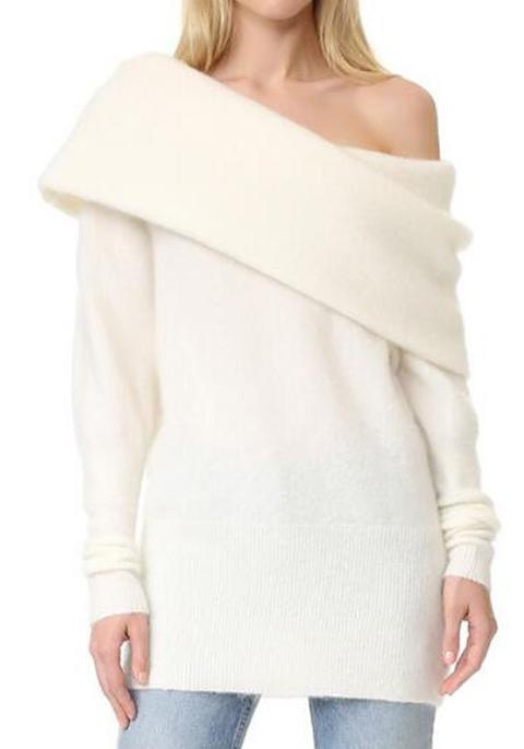 White Plain Asymmetric Shoulder Boat Neck Streetwear Acrylic Pullover Sweater