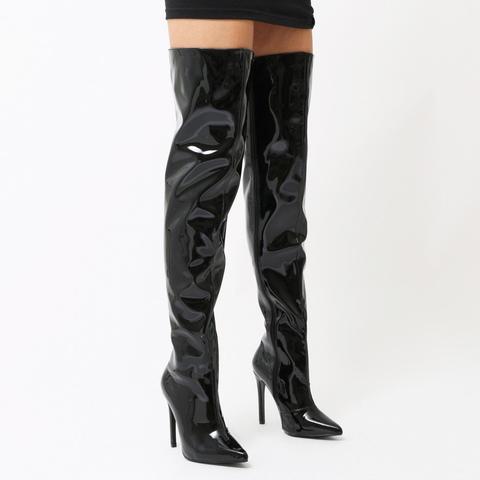 Poison Over The Knee Foil Boots In Black High Shine