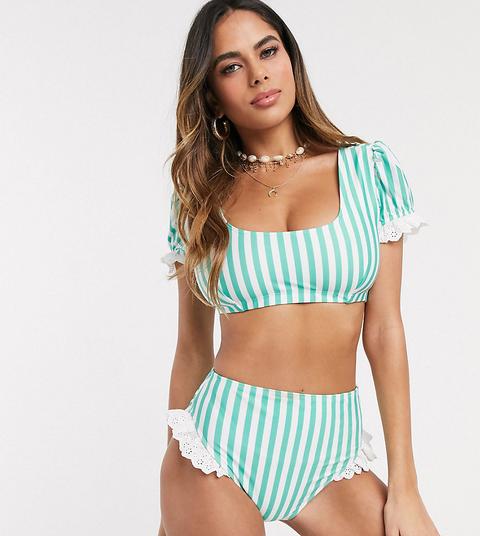 Top De Bikini Estilo Camiseta Verde De Poliéster Reciclado Con Detalle De Encaje Y Diseño A Rayas En Copas Grandes D-f Exclusivo De Peek & Beau