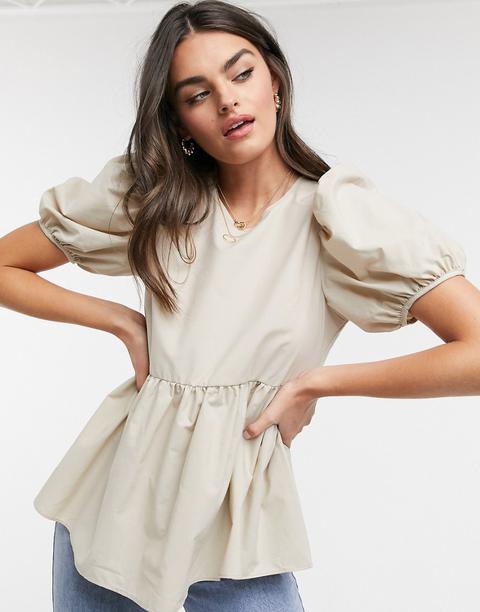 Asos Design Puff Sleeve Smock Cotton Tee In Stone-neutral