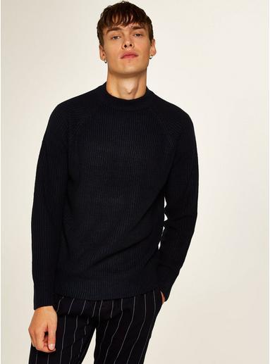 Mens Navy Ribbed High Neck Jumper, Navy