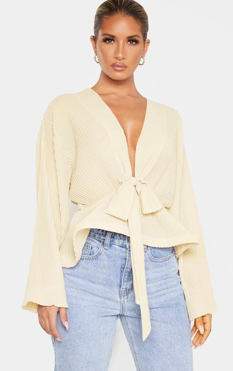 Cream Chiffon Pleated Flounced Hem Blouse