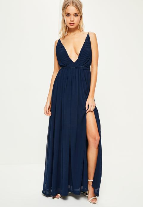 Navy Pleated Plunge Maxi Dress