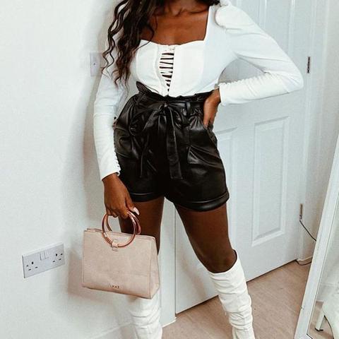 Black Faux Leather Paperbag Waist Belted Shorts