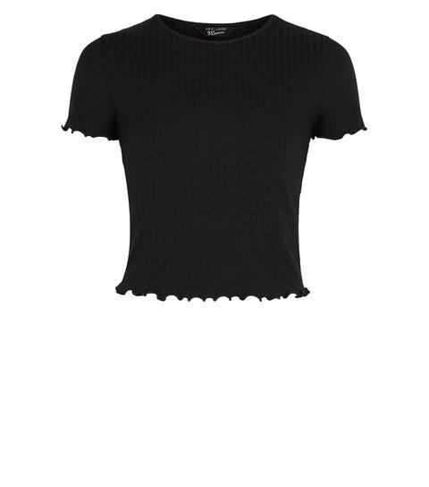 Girls Black Ribbed Frill T-shirt New Look