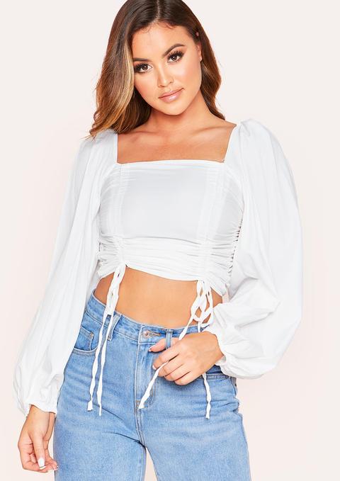white ruched long sleeve crop top
