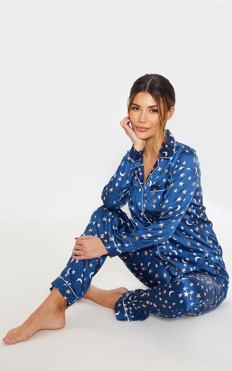 Navy Foil Star Long Satin Pyjama Set