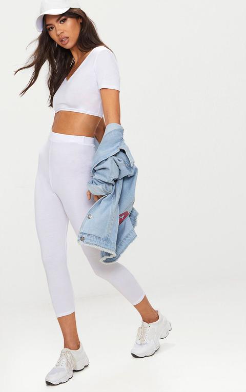 White Basic Cropped Jersey Leggings