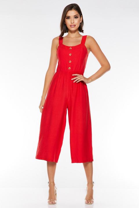 Red Square Neck Button Front Culotte Jumpsuit