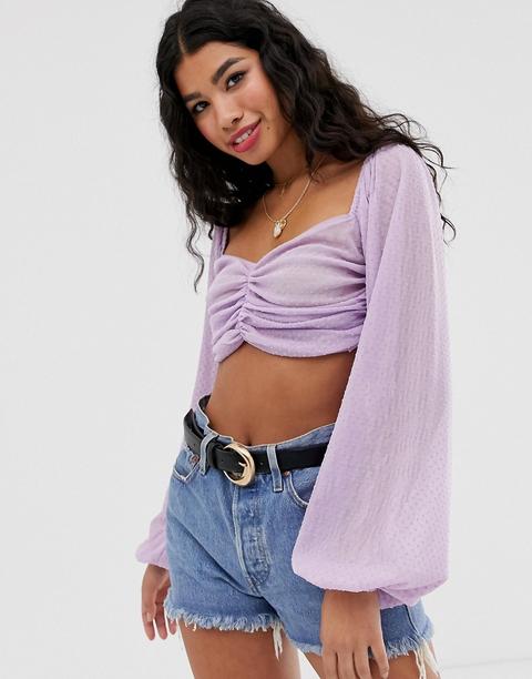 Asos Design - Top Corto Arricciato Davanti In Rete A Pallini Con Maniche A Campana - Viola