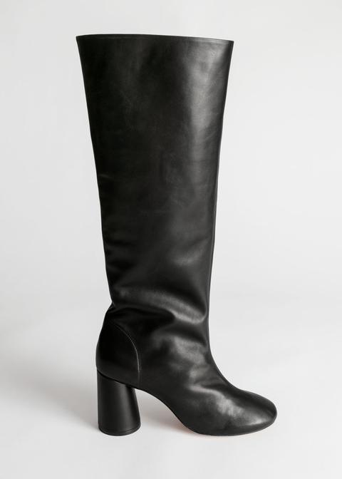 Gathered Slouch Leather Boots - Black