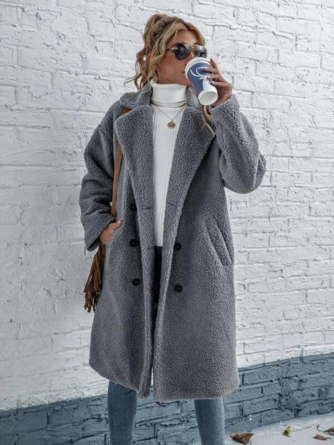 Solid Double Breasted Drop Shoulder Teddy Coat