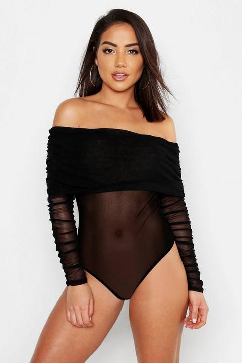 Mesh Ruched Off The Shoulder Bodysuit