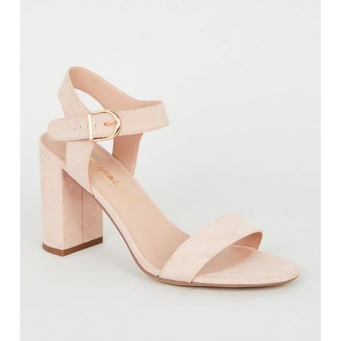 Sandales En Suédine Rose Pâle À Talons Blocs Et Brides De Cheville