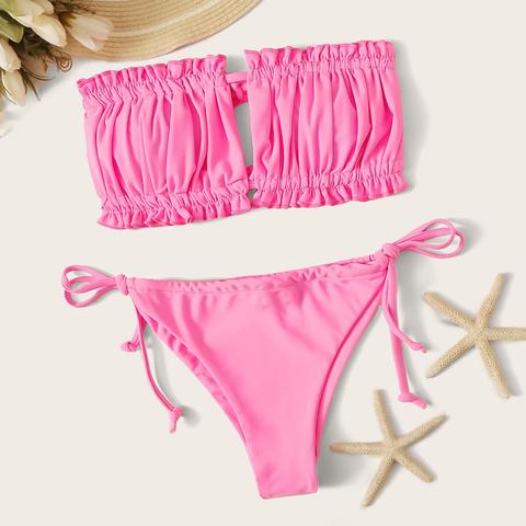 Ruched Bandeau Tie Side Bikini Swimsuit