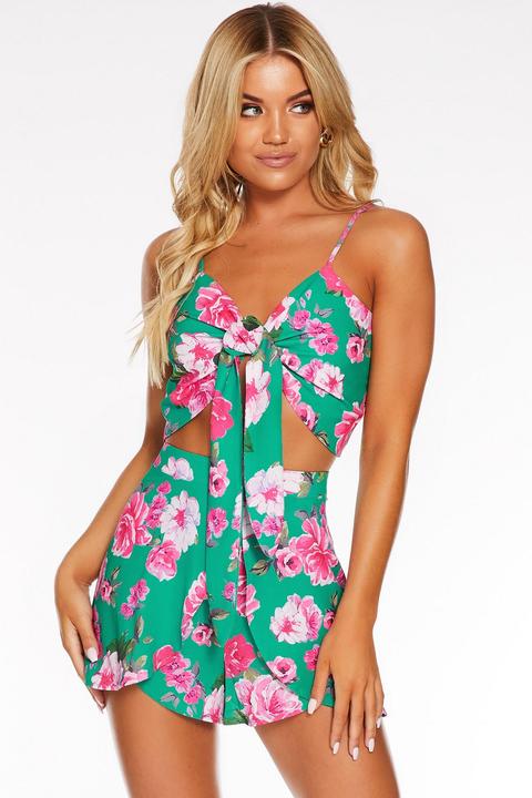 Turquoise And Pink Floral Tie Crop Top