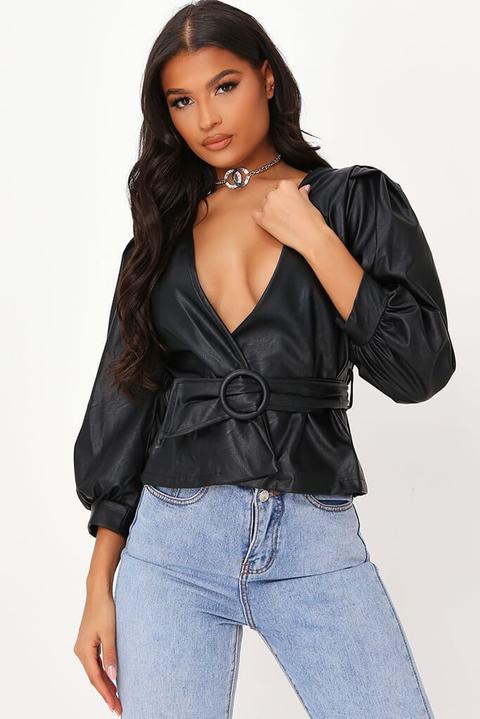 Black Faux Leather Wrap Front Blazer