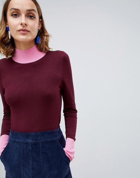 Warehouse - Maglione Bordeaux A Blocchi Di Colore Con Collo A Imbuto - Multicolore