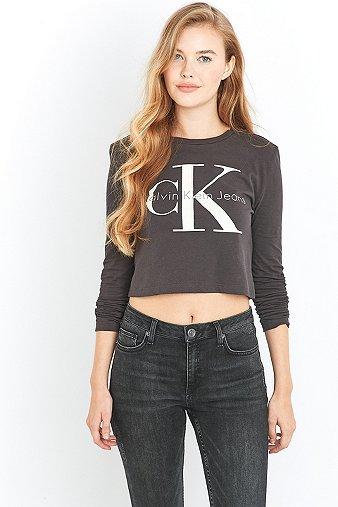 Calvin Klein Jeans Logo Long Sleeve Black Crop Top - Womens M