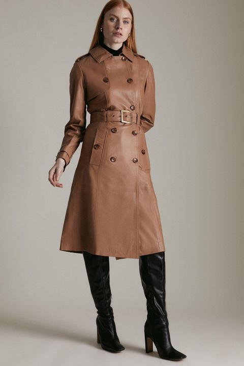 Karen Millen Leather Trench Mac -, Tan