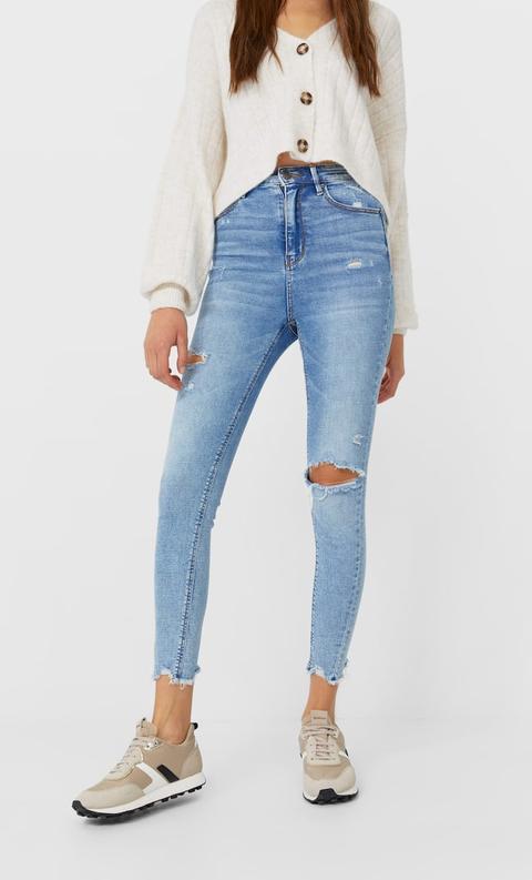 Stradivarius Jeans Taille Super Haute Avec Déchirures Sur Les Jambes Femme Denim Clair 36