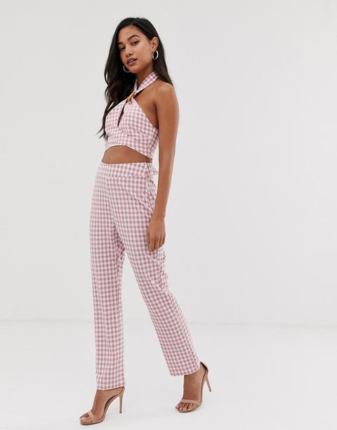 Fashion Union Slim Trousers In Gingham Co-ord-pink