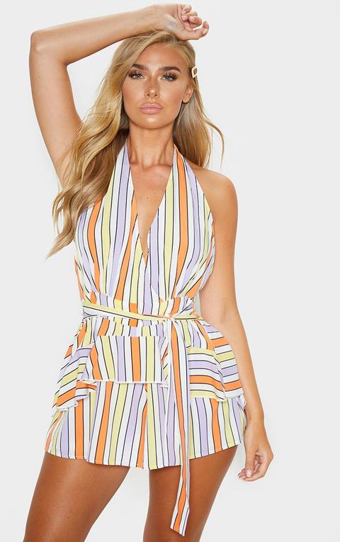Combishort Dos Nu Multicolore À Rayures, Multicolore
