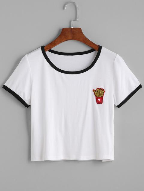 White Contrast Trim French Fries Patch Crop T-shirt