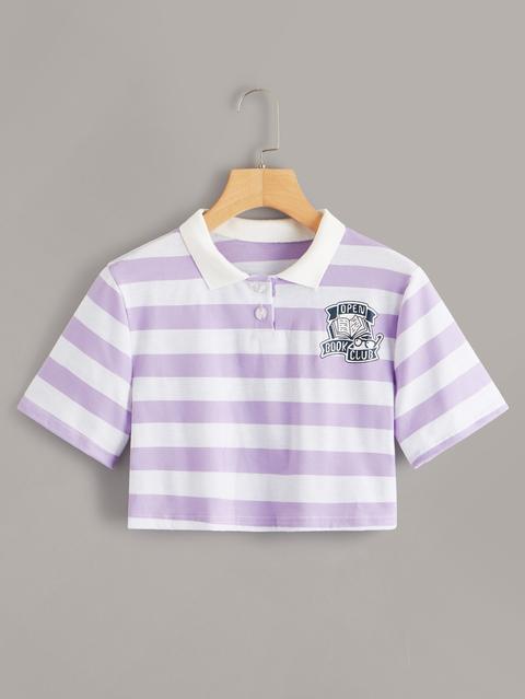 Letter Print Polo Neck Crop Tee 