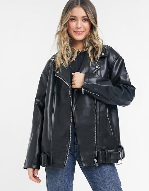 Asos Design Longline Oversized Faux Leather Biker Jacket In Black